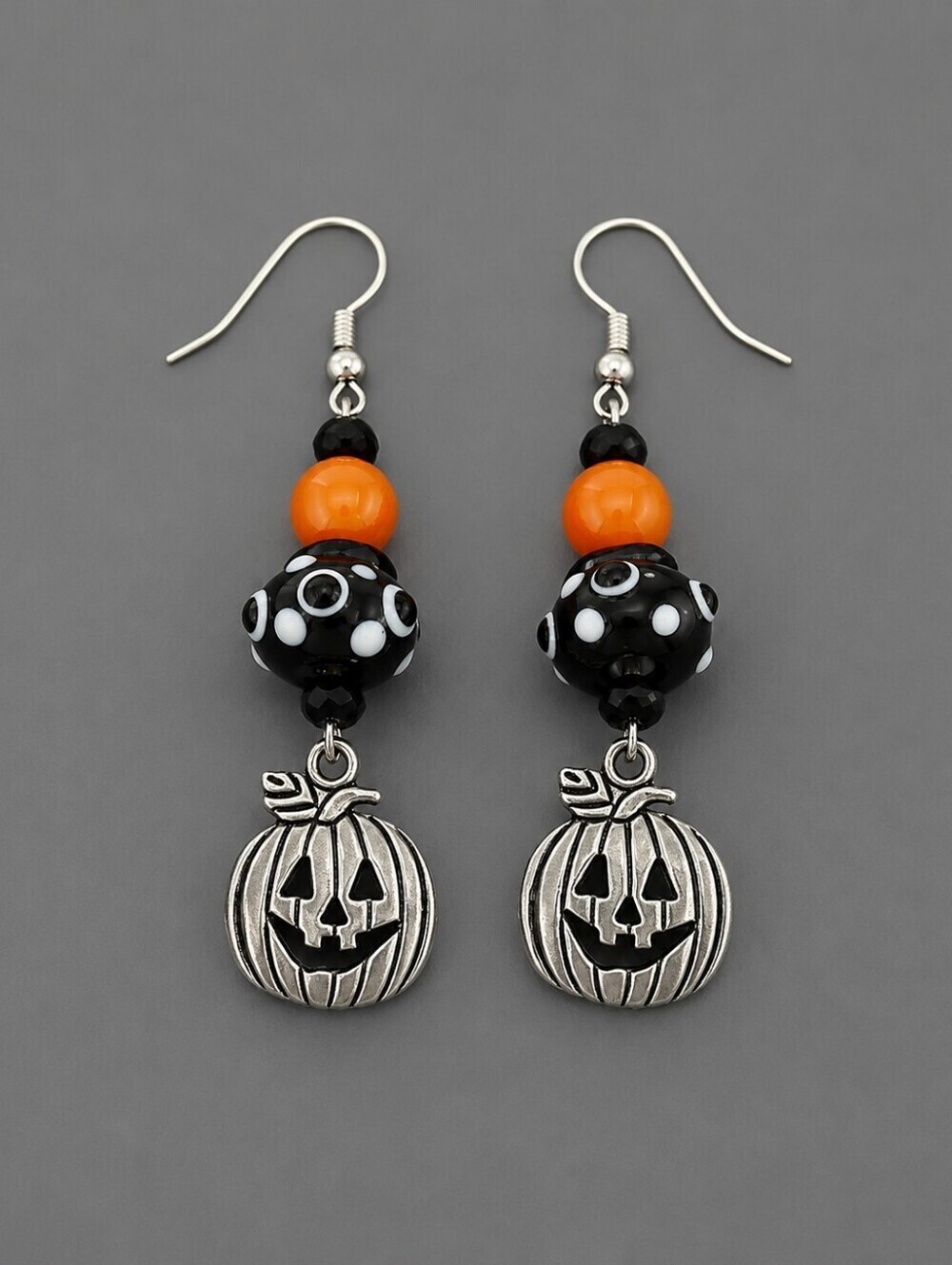HANDMADE Halloween Lampwork Jade Pumpkin Dangle Hook Earrings